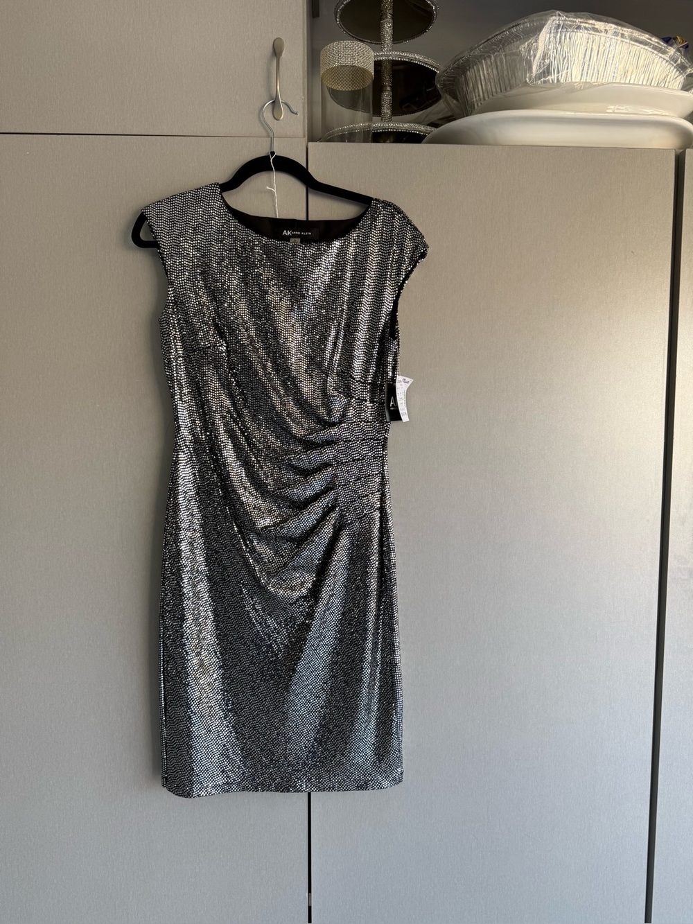 Anne Klein Metallic Silver Sequin Ruched Sheath Midi Dress